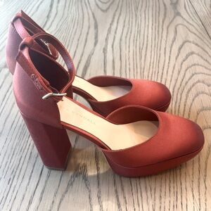Loeffler Randall “Selina” ankle strap satin platform heels.